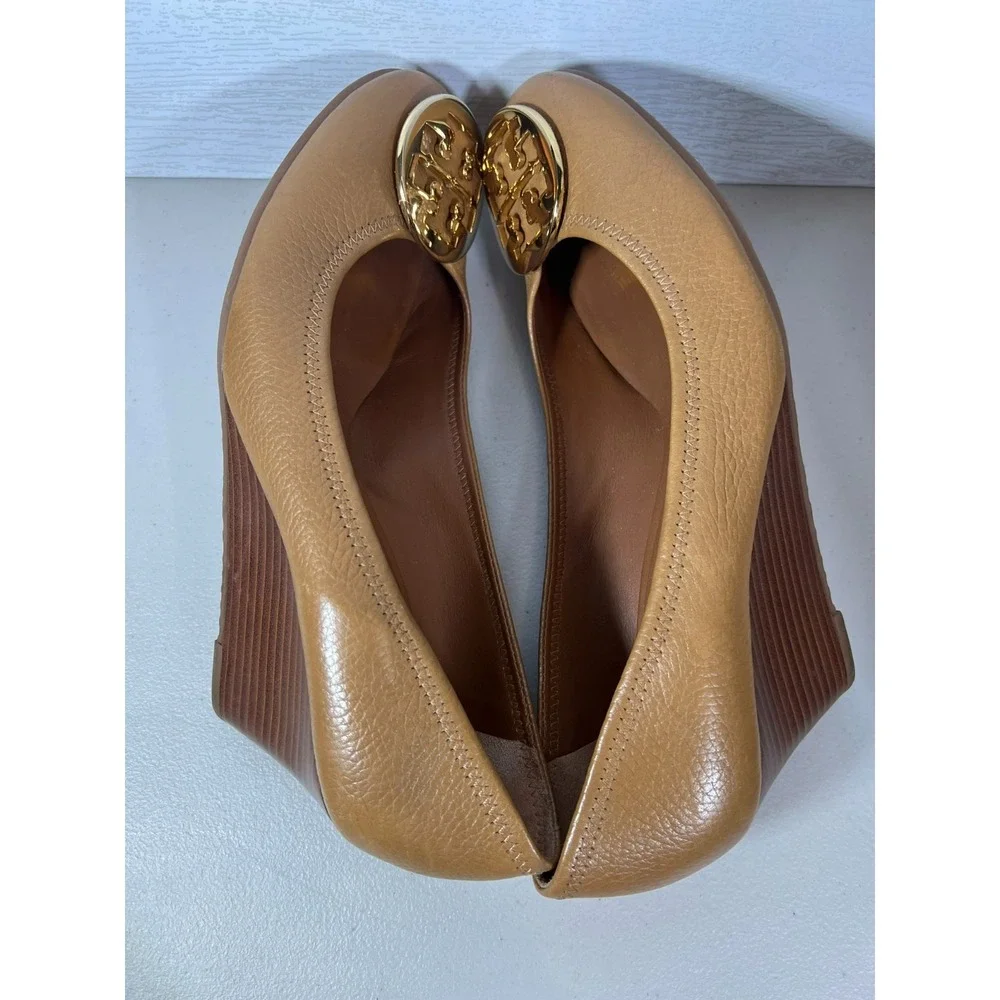 Tory Burch Peep Toe Sally Wedge Heels Pumps Gold Tan Size 9.5 M